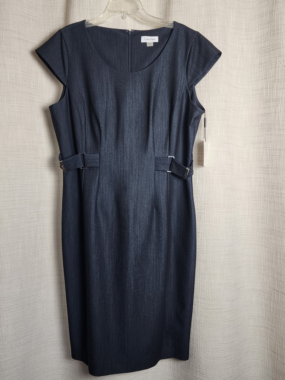Calvin Klein Navy Sheath Dress with Side Buckles